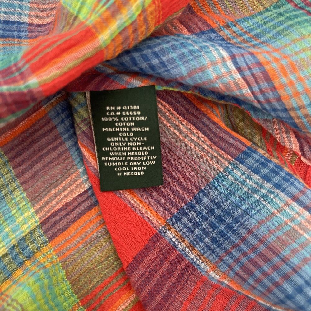 $80 LAUREN Ralph Lauren Plaid Madras Crinkle Cotton Off Shoulder Top L - Picture 7 of 9